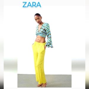 ZARA WRINKLE EFFECT WIDE LEGS LIME GREEN EFFECTS PANT